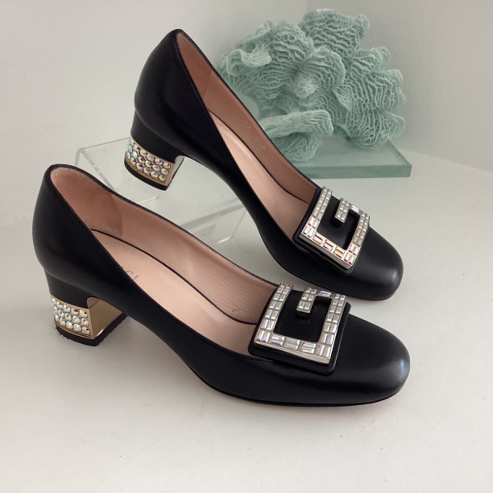 Gucci Crystal G Black Leather Crystal Embellishments Pumps 37/ 7 - Picture 2 of 8